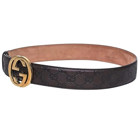 Authentic GUCCI Brown & Gold GG Embossed Monogram Leather Belt Size 85/34 - Picture 7 of 15